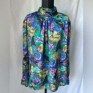 Vintage 1980s Camille Claudel Long Sleeve Abstract Floral Blouse Size 14